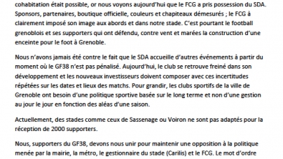  »Non à la délocalisation du GF38 » : le communiqué des supporters grenoblois